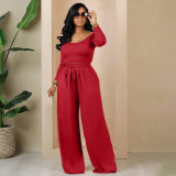 Solid Color Knit Tie Up Loose Two Piece Pants Set YIM-358
