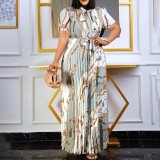 Short Sleeve Print Press Pleated Maxi Dress(With Waist Belt) GDNY-D2237
