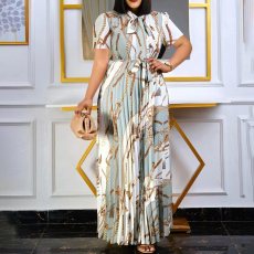 Short Sleeve Print Press Pleated Maxi Dress(With Waist Belt) GDNY-D2237