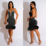 Solid Hot Diamond Feather Splicing Mini Dress BY-6609