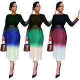 Gradient Print Long Sleeve Pressed Pleated Midi Dress YF-10582