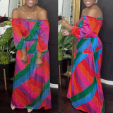Plus Size One Shoulder Long Sleeve Print Maxi Dress NY-10575