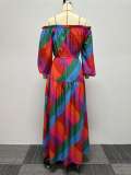 Plus Size One Shoulder Long Sleeve Print Maxi Dress NY-10575