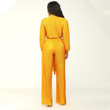 Solid Pleated Long Sleeve Two Piece Pants Set(With Waist Belt) MIL-L514