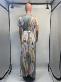Short Sleeve Print Press Pleated Maxi Dress(With Waist Belt) GDNY-D2237