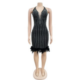 Solid Hot Diamond Feather Splicing Mini Dress BY-6609