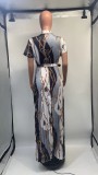 Short Sleeve Print Press Pleated Maxi Dress(With Waist Belt) GDNY-D2237