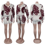 Leaf Print V-neck Long Sleeve Sweater Two Piece Shorts Set NY-098