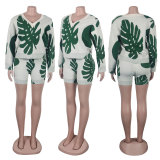 Leaf Print V-neck Long Sleeve Sweater Two Piece Shorts Set NY-098