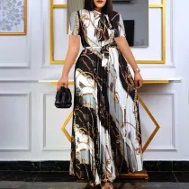Short Sleeve Print Press Pleated Maxi Dress(With Waist Belt) GDNY-D2237
