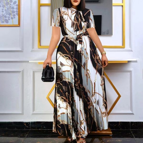 Short Sleeve Print Press Pleated Maxi Dress(With Waist Belt) GDNY-D2237