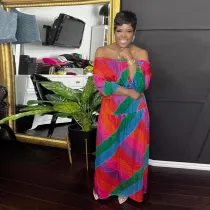 Plus Size One Shoulder Long Sleeve Print Maxi Dress NY-10575