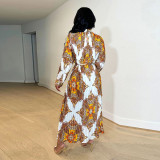 Print Long Sleeve Pleated Maxi Dress YF-10580