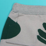 Leaf Print V-neck Long Sleeve Sweater Two Piece Shorts Set NY-098