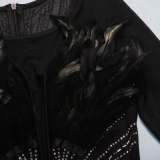 Plus Size Feather Mesh Splicing Hot Drill Midi Dress NY-K2798