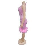 Solid Hot Diamond Feather Splicing Mini Dress BY-6609