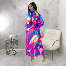 Long Sleeve Tie Up Pressed Pleated Maxi Dress YF-10567