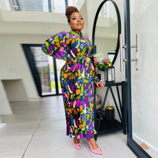 Print Long Sleeve Pleated Maxi Dress YF-10580