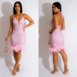 Solid Hot Diamond Feather Splicing Mini Dress BY-6609
