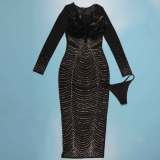 Plus Size Feather Mesh Splicing Hot Drill Midi Dress NY-K2798