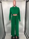 Long Sleeve Solid Shirt And Wide Leg Pant 2 Piece Set NK-8628