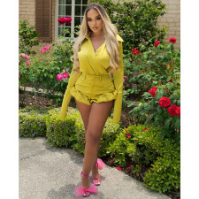 Long Sleeve Solid Color Lapel Neck Two Piece Shorts Set MDF-5381
