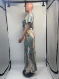 Short Sleeve Print Press Pleated Maxi Dress(With Waist Belt) GDNY-D2237