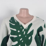 Leaf Print V-neck Long Sleeve Sweater Two Piece Shorts Set NY-098