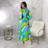 Long Sleeve Tie Up Pressed Pleated Maxi Dress YF-10567
