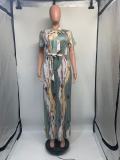 Short Sleeve Print Press Pleated Maxi Dress(With Waist Belt) GDNY-D2237