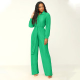 Solid Pleated Long Sleeve Two Piece Pants Set(With Waist Belt) MIL-L514