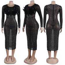 Plus Size Feather Mesh Splicing Hot Drill Midi Dress NY-K2798