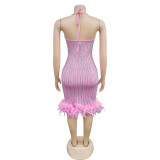 Solid Hot Diamond Feather Splicing Mini Dress BY-6609