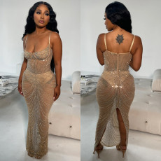 Sexy Mesh Hot Drill Sling Maxi Dress BY-C6613