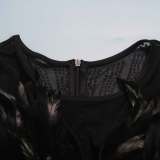 Plus Size Feather Mesh Splicing Hot Drill Midi Dress NY-K2798