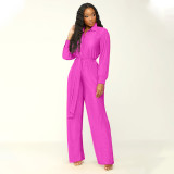Solid Pleated Long Sleeve Two Piece Pants Set(With Waist Belt) MIL-L514
