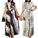 Short Sleeve Print Press Pleated Maxi Dress(With Waist Belt) GDNY-D2237