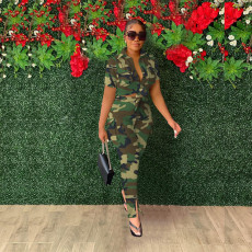 Short Sleeve Print Tie Up Two Piece Pants Set FOSF-FA8368
