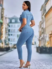 Fashion Short Sleeve Denim Tight Jumpsuit LX-3552