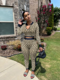 Knits Print Long Sleeve Zipper Two Piece Pants Set OLYF-6131
