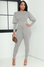 Solid Lantern Sleeve Sweatshirt Two Piece Pants Set XMY-9453