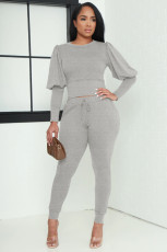 Solid Lantern Sleeve Sweatshirt Two Piece Pants Set XMY-9453