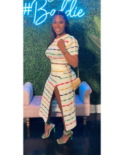 Colorful Stripe Knit Slit Skirts Two Piece Set QXTF-8209