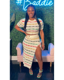 Colorful Stripe Knit Slit Skirts Two Piece Set QXTF-8209