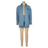 Casual Long Sleeve Jacket Coat Denim Two Piece Shorts Set AIL-250