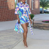 Plus Size Print Short Sleeve Long Shirt Shorts Two Piece Set NY-10569