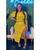 Colorful Stripe Knit Slit Skirts Two Piece Set QXTF-8209