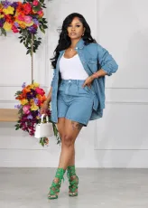 Casual Long Sleeve Jacket Coat Denim Two Piece Shorts Set AIL-250