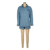 Casual Long Sleeve Jacket Coat Denim Two Piece Shorts Set AIL-250
