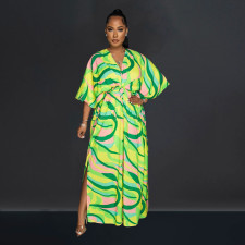 Fashion V Neck Vintage Print Slit Maxi Dress BY-X6615